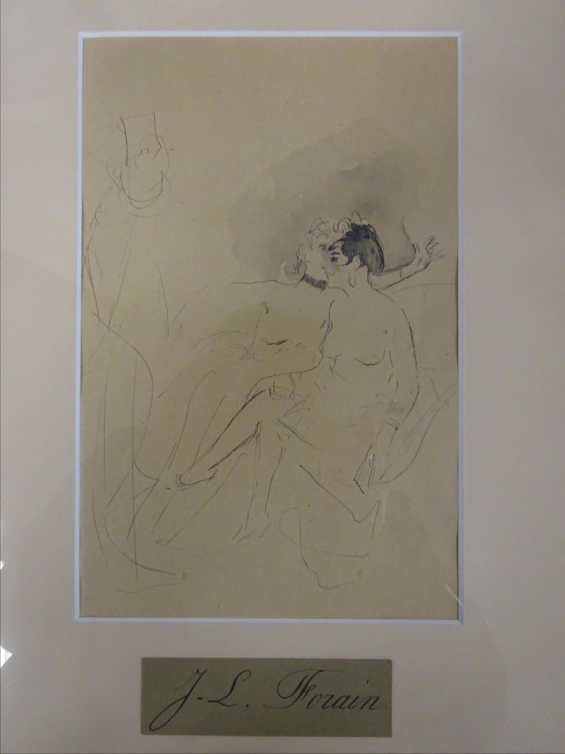 Tableaux modernes: Jean-Louis FORAIN (attribu ) "Confidences" Plume, encre noire et lavis Titr au dos sur une tiquette Oeuvre attribue mais non signe 25 x 16 cm