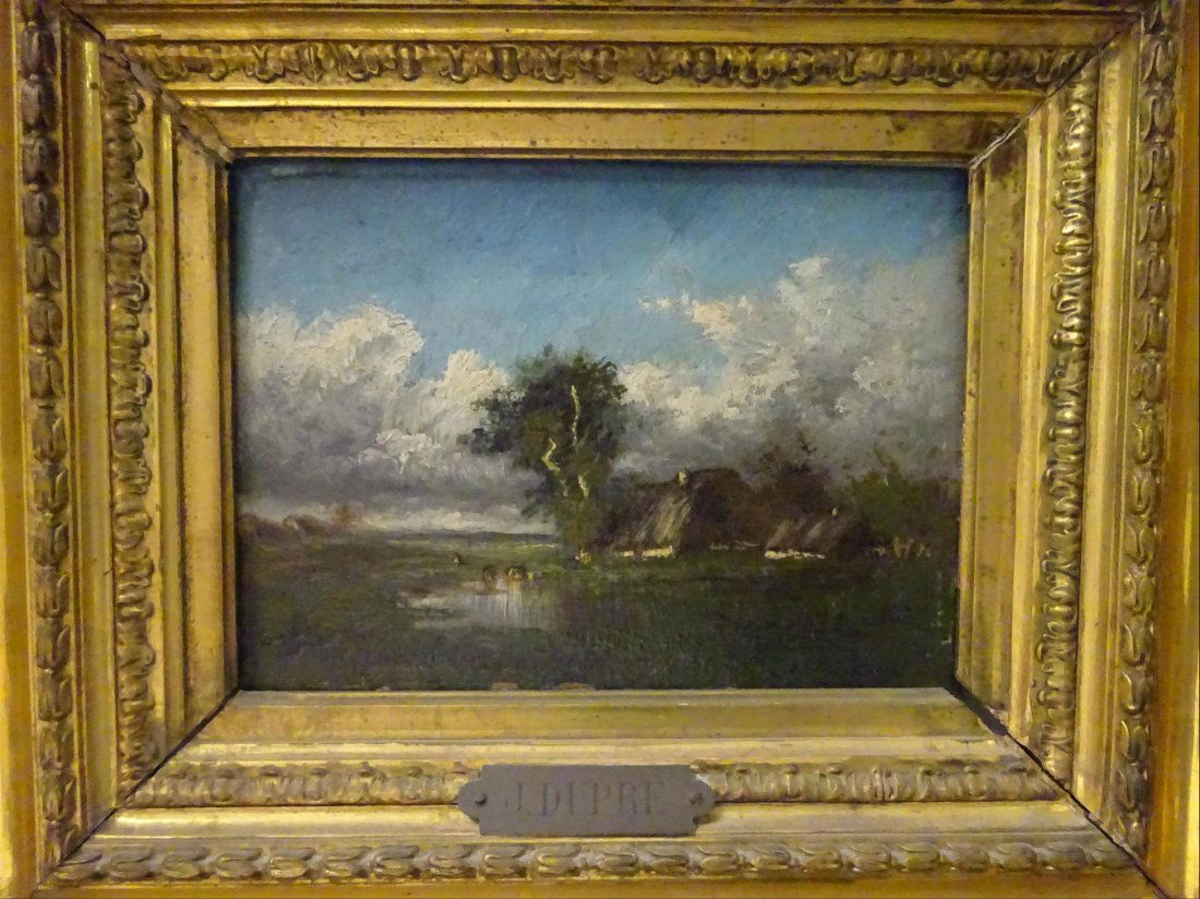 Tableaux modernes: Jules DUPR (1811-1889) Paysage de campagne aux vaches Huile sur panneau Signe en bas droite 16 x 22 cm
