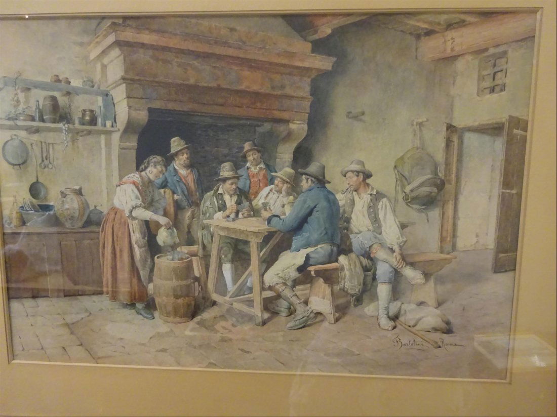 Tableaux modernes: F. BARTOLONNI (actif XXe sicle) Les joueurs de cartes dans une taverne Aquarelle sur papier Signe et situe en bas droite : Roma 36 x 50 cm