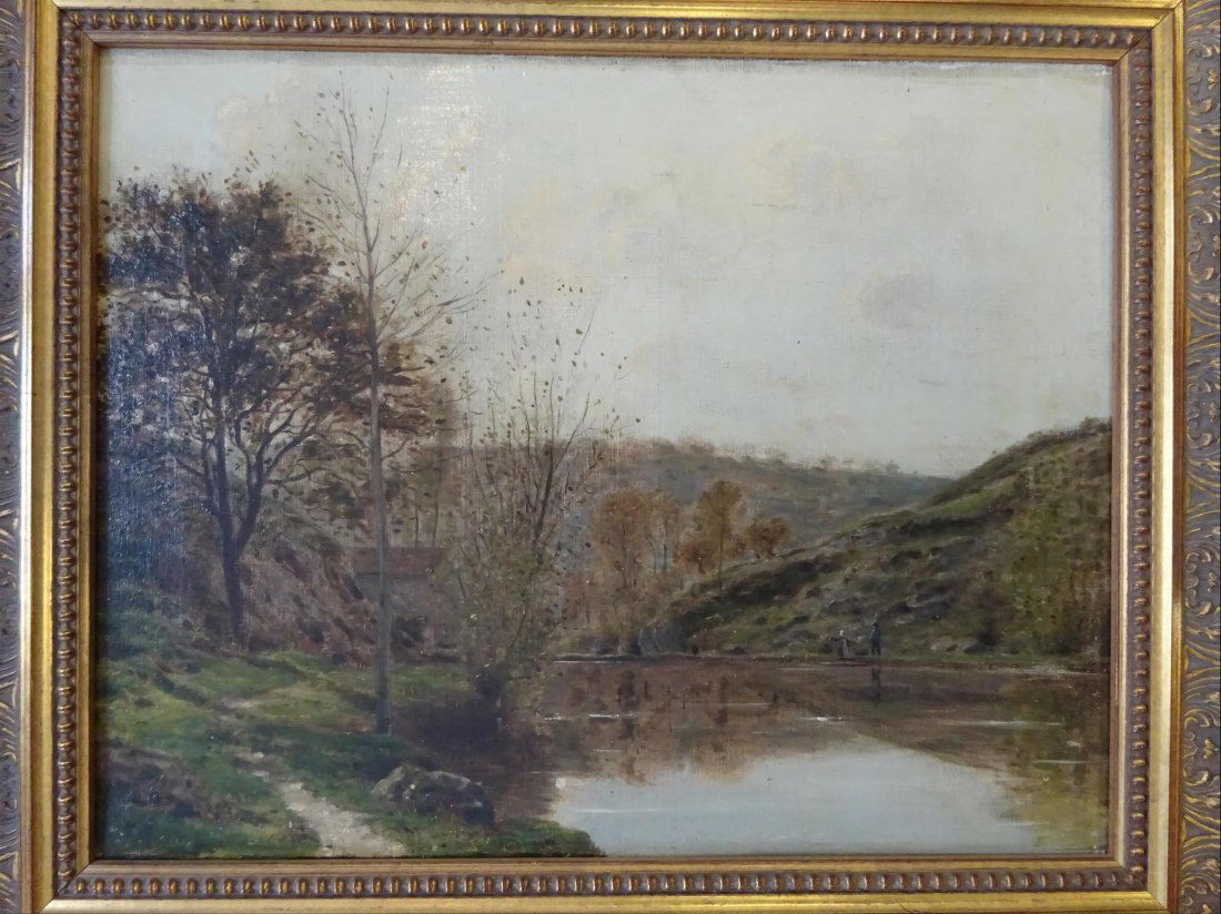 Tableaux modernes: ECOLE FRANCAISE (fin du XIX sicle) Paysage de campagne la rivire Huile sur toile 43 x 56 cm