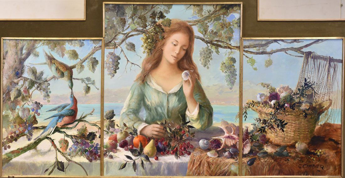 Tableaux modernes: Guy CAMBIER (c.1923-?) Jeune femme aux fruits Huile sur toile / tryptique Signe en bas droite 93 x 183 cm
