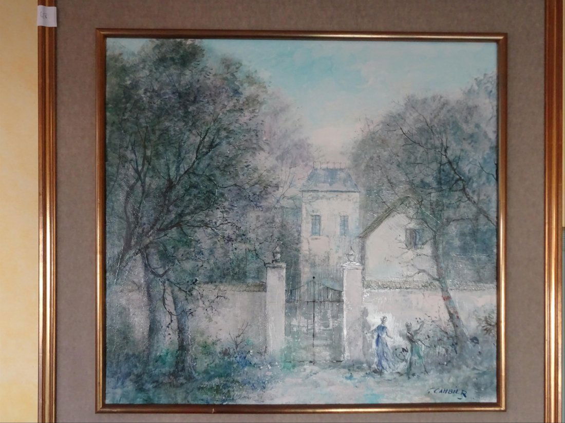 Tableaux modernes: Guy CAMBIER (c.1923-?) Deux personnages l'entre d'une maison Huile sur toile Signe en bas droite 65 x 69 cm