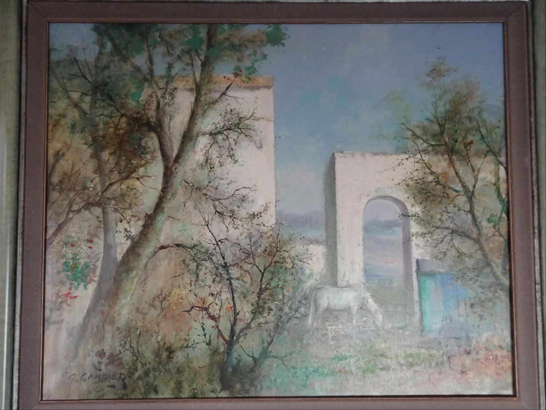Tableaux modernes: Guy CAMBIER (c.1923-?) Cheval dans les champs Huile sur toile Signe en bas gauche 81 x 101 cm (craquelures)