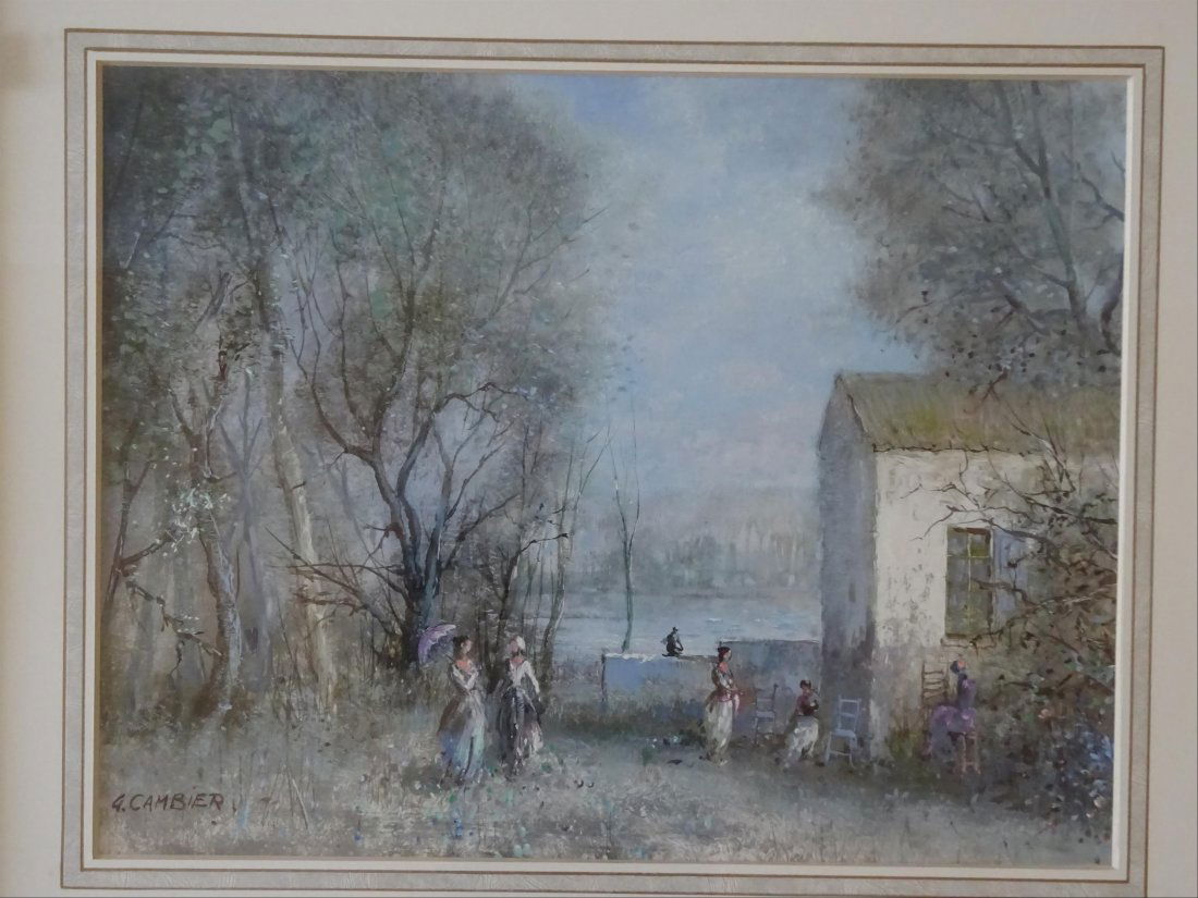 Tableaux modernes: Guy CAMBIER (c.1923-?) Jeunes femmes dans un sous-bois au bord d'une rivire Aquarelle et gouache sur papier Signe en bas gauche 50 x 65 cm ( vue)