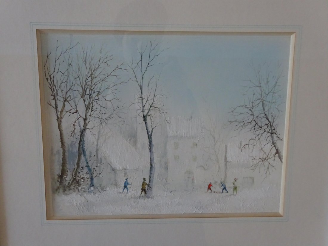 Tableaux modernes: Guy CAMBIER (c.1923-?) Enfants sous la neige Aquarelle et gouache sur papier Non signe 25 x 33 cm ( vue)
