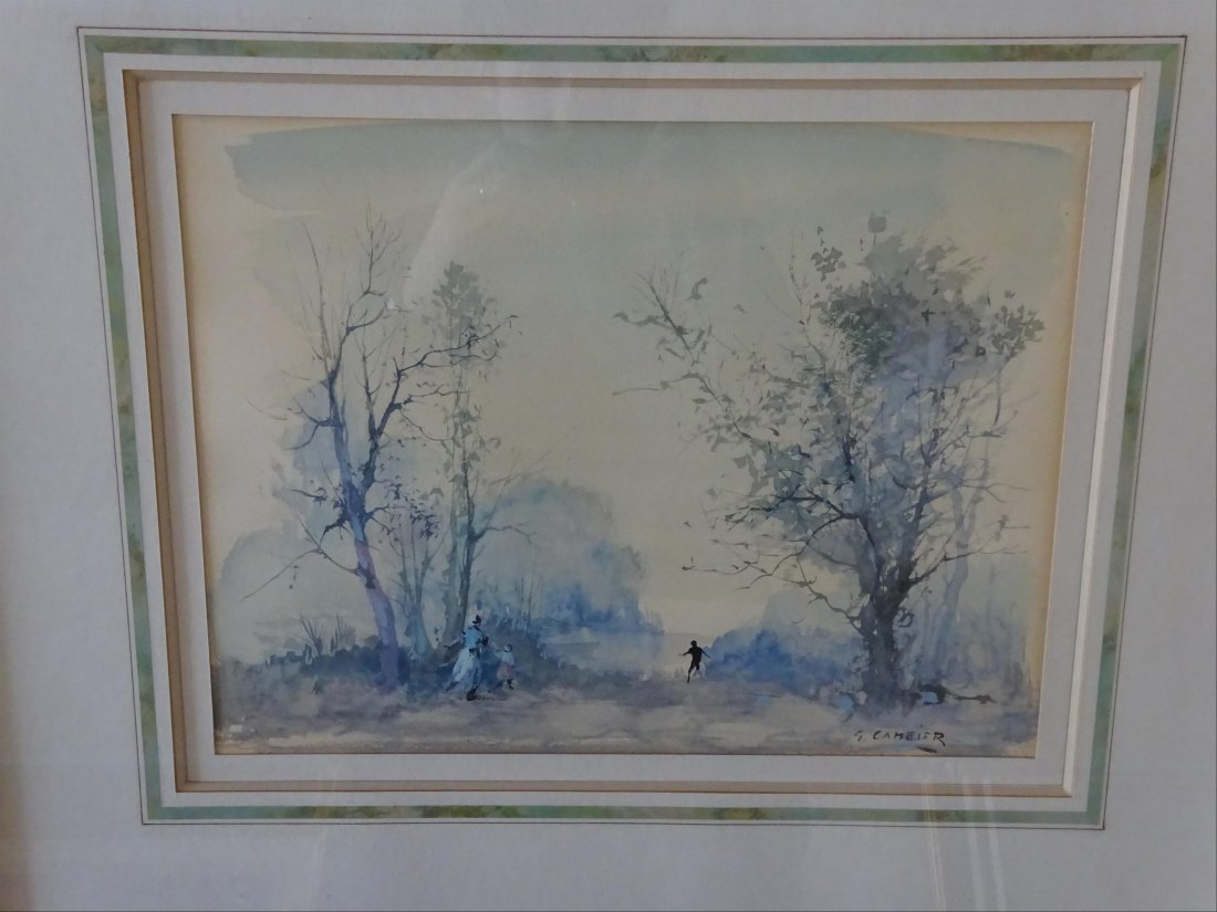 Tableaux modernes: Guy CAMBIER (c.1923-?) Trois personnages prs d'un lac Aquarelle et gouache sur papier Signe en bas droite 23 x 31 cm ( vue)