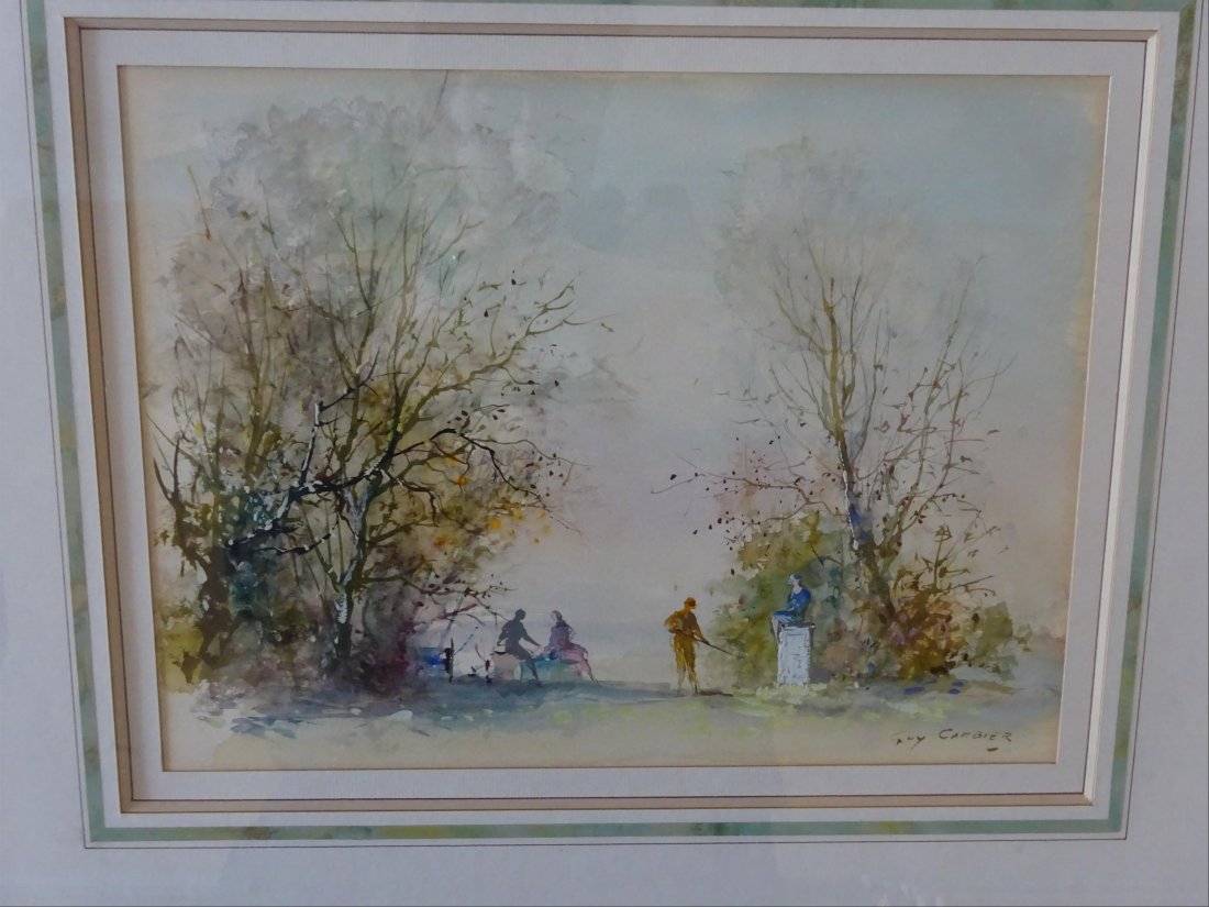 Tableaux modernes: Guy CAMBIER (c.1923-?) Quatre personnages dans un parc Aquarelle et gouache sur papier Signe en bas droite 23 x 31 cm ( vue)