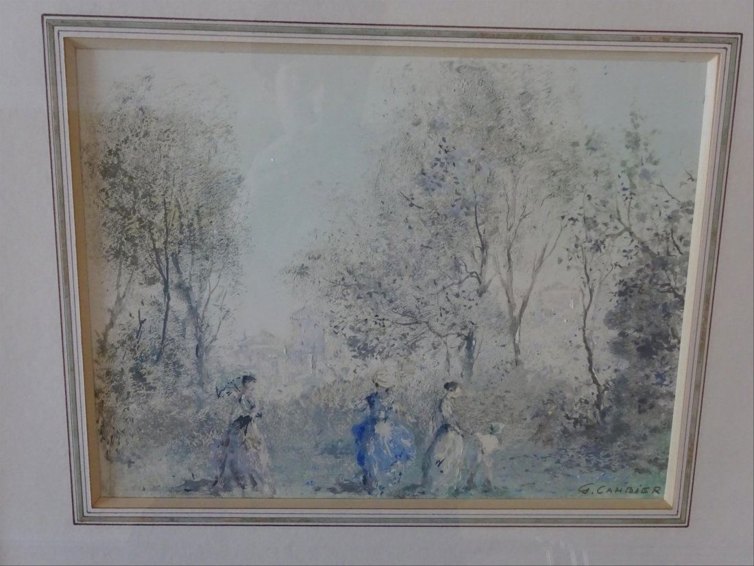 Tableaux modernes: Guy CAMBIER (c.1923-?) Trois lgantes et un enfant dans un parc Aquarelle et gouache sur papier Signe en bas droite 25 x 33 cm ( vue)