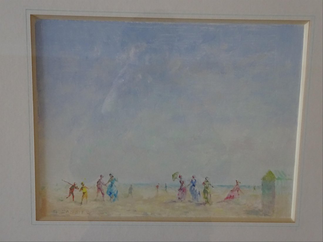 Tableaux modernes: Guy CAMBIER (c.1923-?) Bord de plage anim de personnages Aquarelle et gouache sur papier Signe en bas gauche 25 x 32,5 cm ( vue)