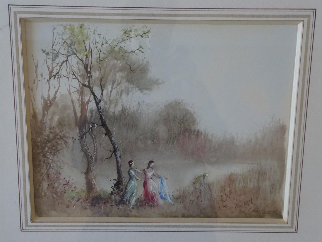 Tableaux modernes: Guy CAMBIER (c.1923-?) Trois jeunes femmes prs d'une rivire Aquarelle et gouache sur papier Signe en bas droite 25 x 33 cm ( vue)