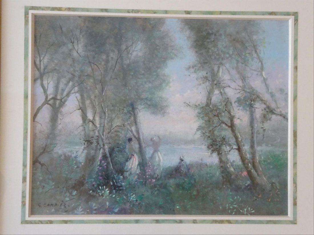 Tableaux modernes: Guy CAMBIER (c.1923-?) Trois lgantes prs d'une rivire Aquarelle et gouache sur papier Signe en bas droite 50 x 64 cm ( vue)