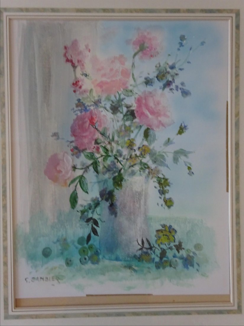 Tableaux modernes: Guy CAMBIER (c.1923-?) Bouquet de roses Aquarelle et gouache sur papier Signe en bas gauche 60 x 47 cm ( vue)