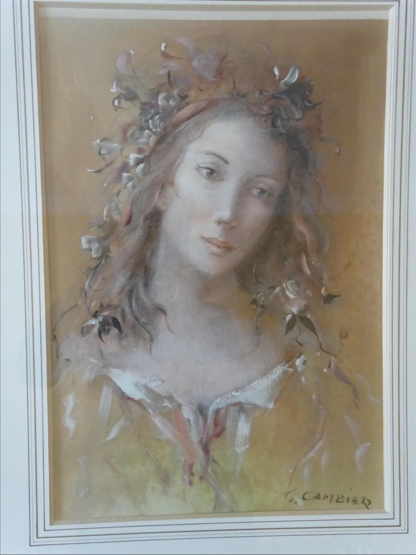 Tableaux modernes: Guy CAMBIER (c.1923-?) Portrait de jeune femme Aquarelle et gouache sur papier Signe en bas gauche 54 x 36 cm ( vue)
