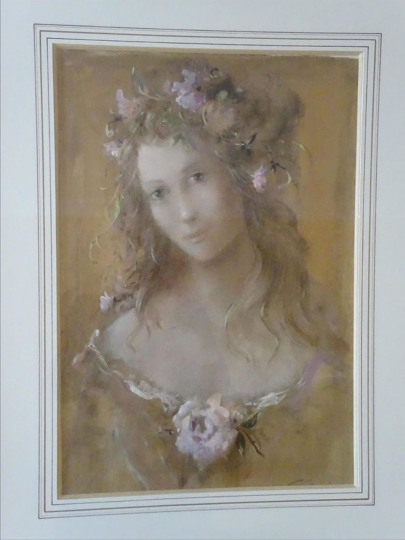 Tableaux modernes: Guy CAMBIER (c.1923-?) Jeune femme aux fleurs Aquarelle et gouache sur papier Signe en bas droite 54 x 36 cm ( vue)