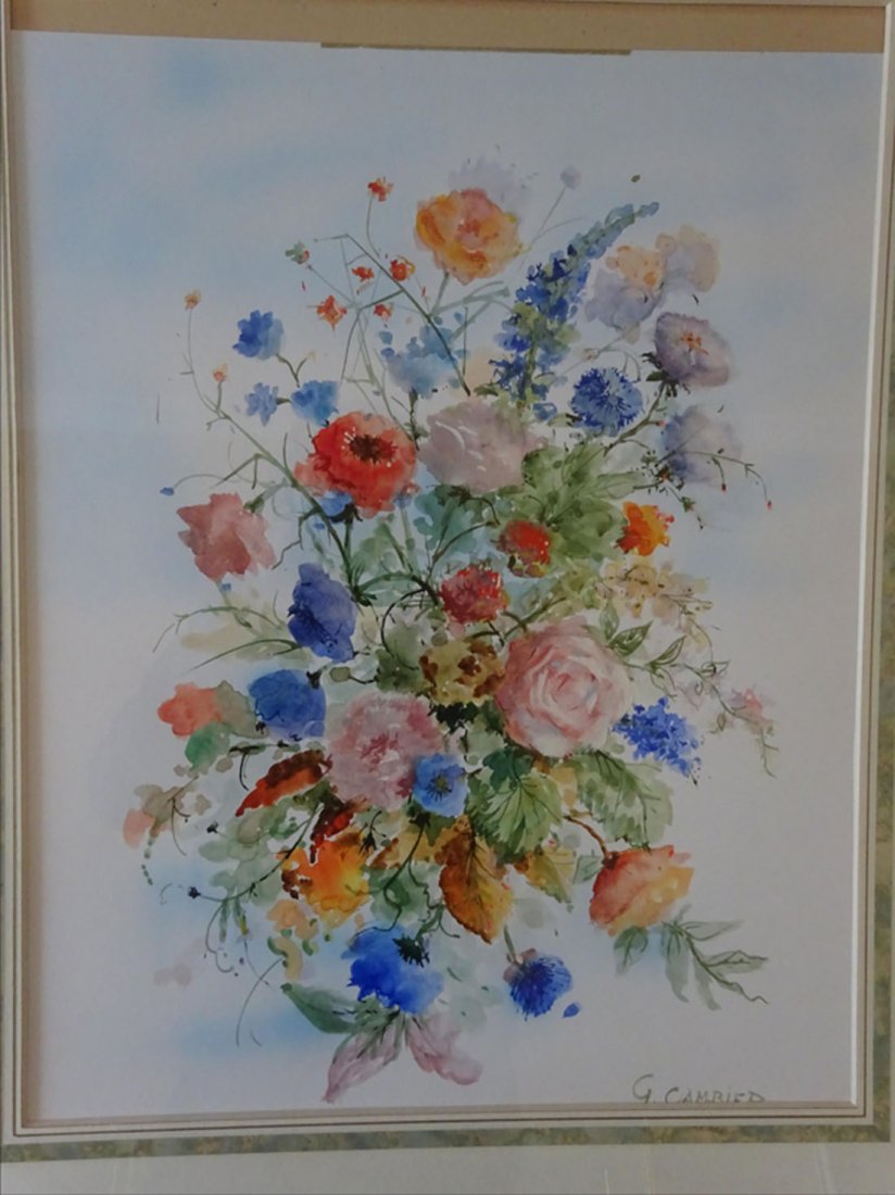 Tableaux modernes: Guy CAMBIER (c.1923-?) Bouquet de fleurs Aquarelle et gouache sur papier Signe en bas droite 60 x 47 cm ( vue)