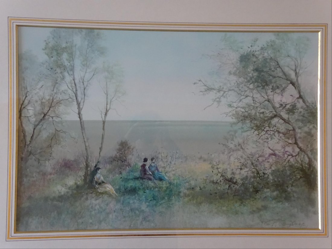 Tableaux modernes: Guy CAMBIER (c.1923-?) Trois jeunes femmes dans la campagne au bord de mer Aquarelle et gouache sur papier Signe en bas droite 54 x 82 cm ( vue)