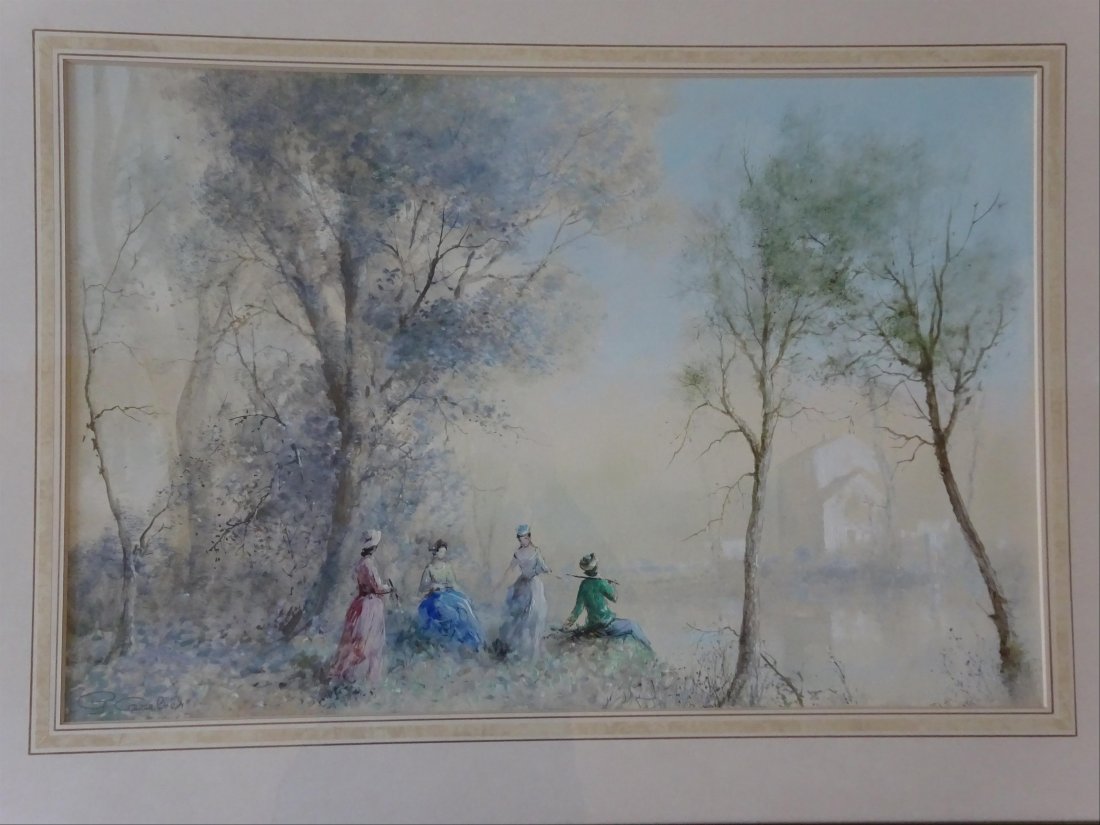 Tableaux modernes: Guy CAMBIER (c.1923-?) Quatre jeunes filles proche rivire Aquarelle et gouache sur papier Signe en bas gauche 54 x 82 cm ( vue)