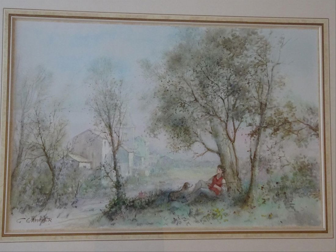 Tableaux modernes: Guy CAMBIER (c.1923-?) Jeune homme au chien sous un arbre Aquarelle et gouache sur papier Signe en bas gauche 55 x 83 cm ( vue)