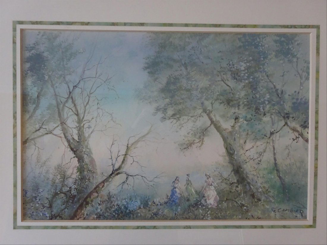 Tableaux modernes: Guy CAMBIER (c.1923-?) Trois jeunes femmes au sous-bois Aquarelle et gouache sur papier Signe en bas droite 53 x 80 cm ( vue)
