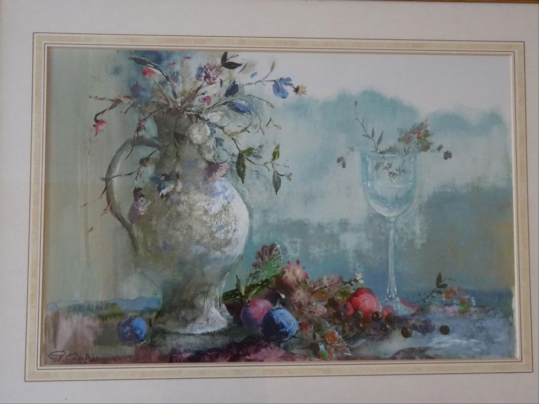 Tableaux modernes: Guy CAMBIER (c.1923-?) Nature morte au pichet et verre eau Aquarelle et gouache sur papier Signe en bas gauche 55 x 82 cm ( vue)