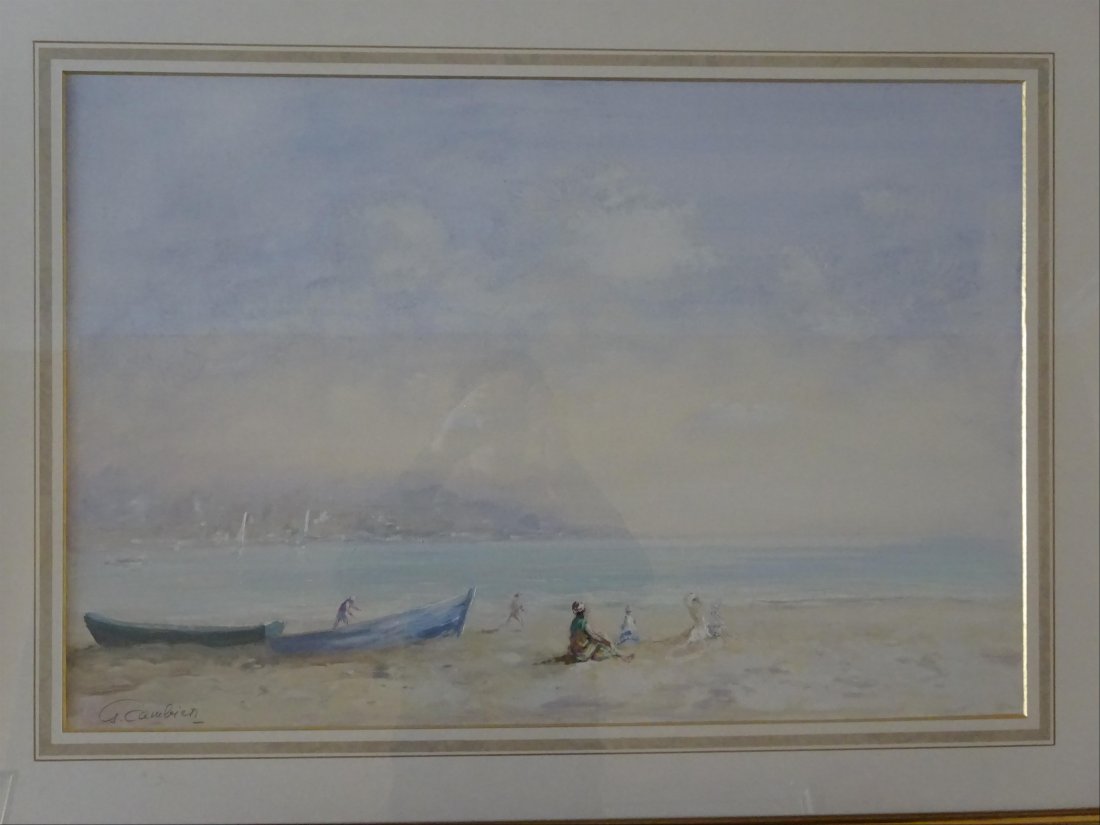 Tableaux modernes: Guy CAMBIER (c.1923-?) Barque et personnages au bord de mer Aquarelle et gouache sur papier Signe en bas gauche 56 x 84 cm ( vue)