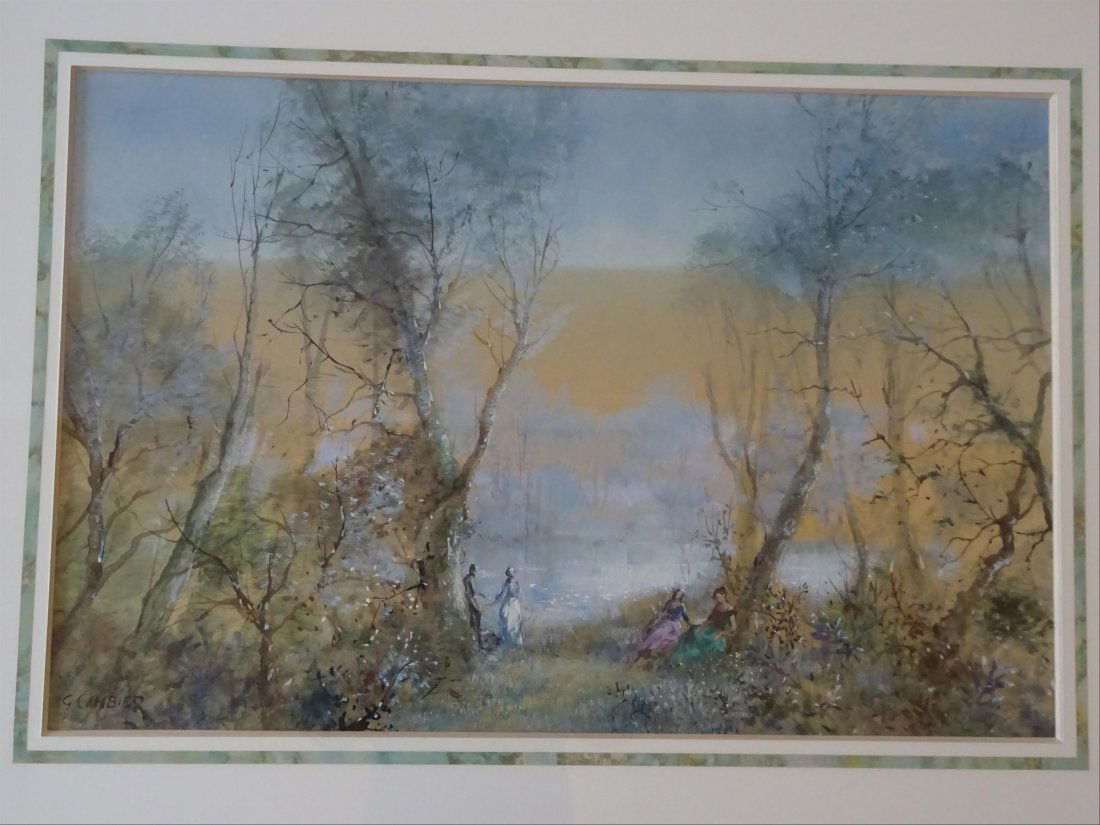Tableaux modernes: Guy CAMBIER (c.1923-?) Quatre personnages au sous-bois Aquarelle et gouache sur papier Signe en bas gauche 52 x 81 cm ( vue)