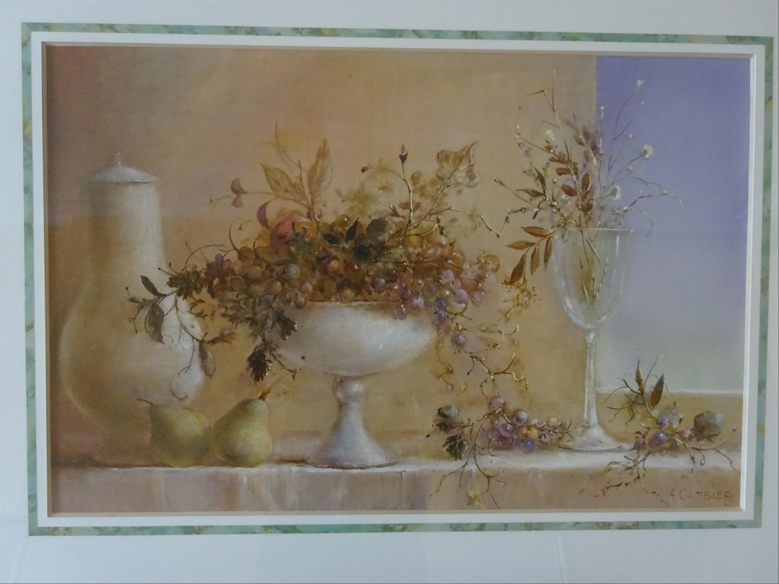 Tableaux modernes: Guy CAMBIER (c.1923-?) Nature morte, pichet, coupe et verre eau, fleurs et fruits Aquarelle et gouache sur papier Signe en bas droite 53 x 80 cm ( vue)