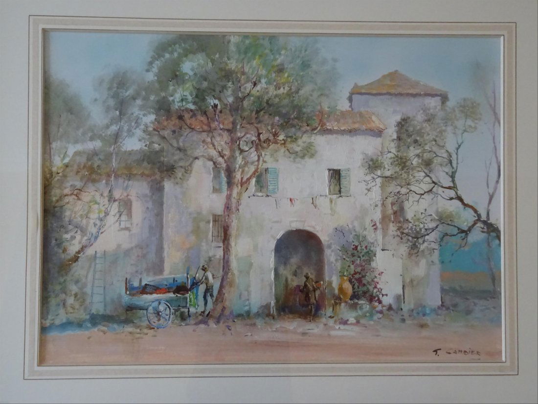 Tableaux modernes: Guy CAMBIER (c.1923-?) Maison de village Aquarelle et gouache sur papier Signe en bas droite 56 x 79 cm ( vue)