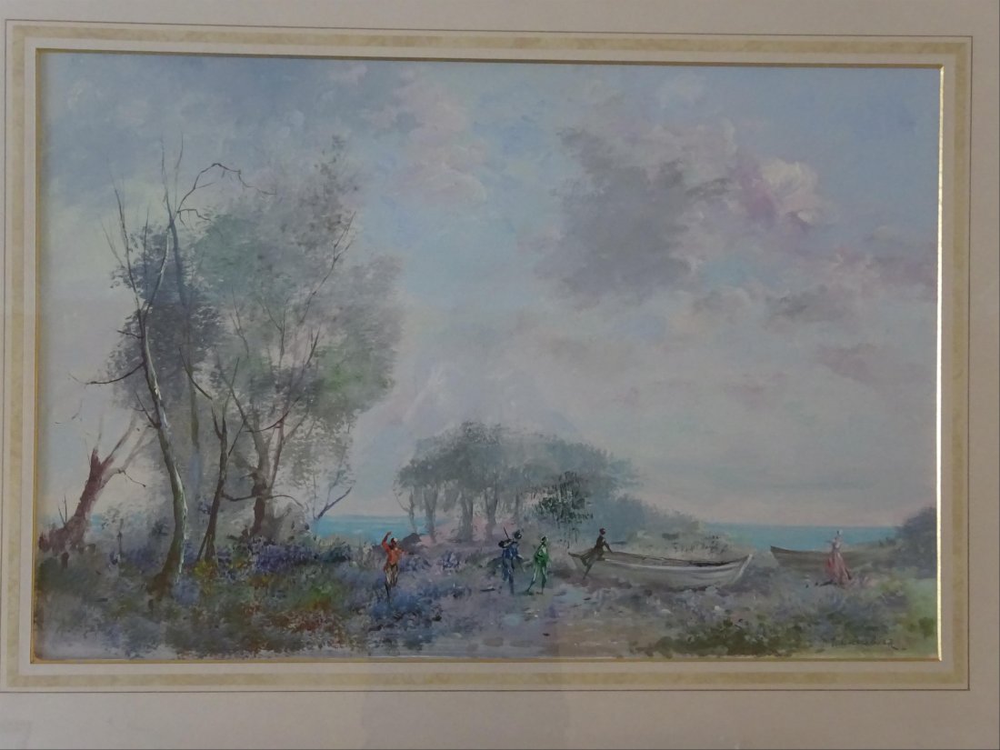 Tableaux modernes: Guy CAMBIER (c.1923-?) Barque et personnages au bord de mer Aquarelle et gouache sur papier Signe en bas droite 55 x 83 cm ( vue)