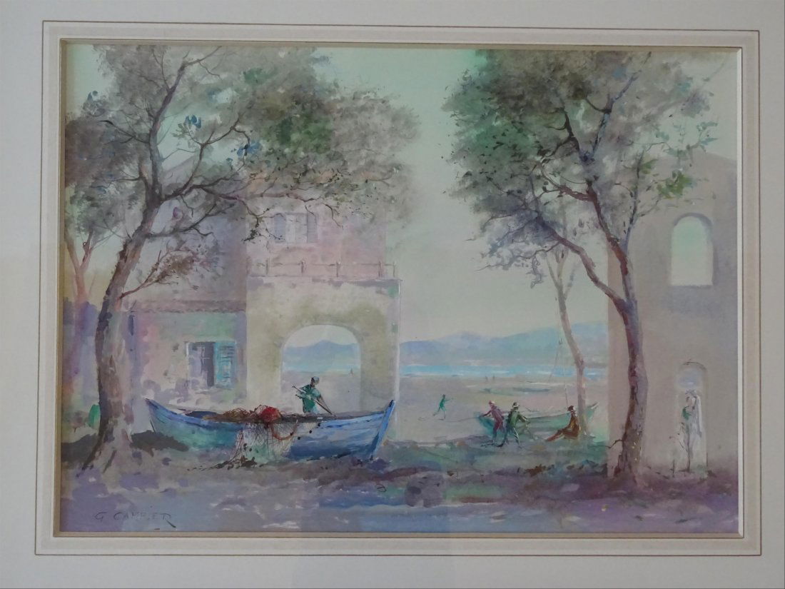 Tableaux modernes: Guy CAMBIER (c.1923-?) Barque et enfants au bord de mer Aquarelle et gouache sur papier Signe en bas gauche 57 x 79 cm ( vue)