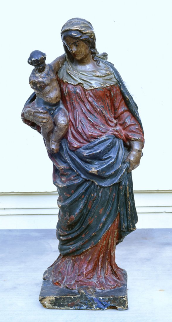 Sculpture: VIERGE l'enfant. Terre-cuite polychrome. Epoque XVIIIe sicle. H : 43 cm