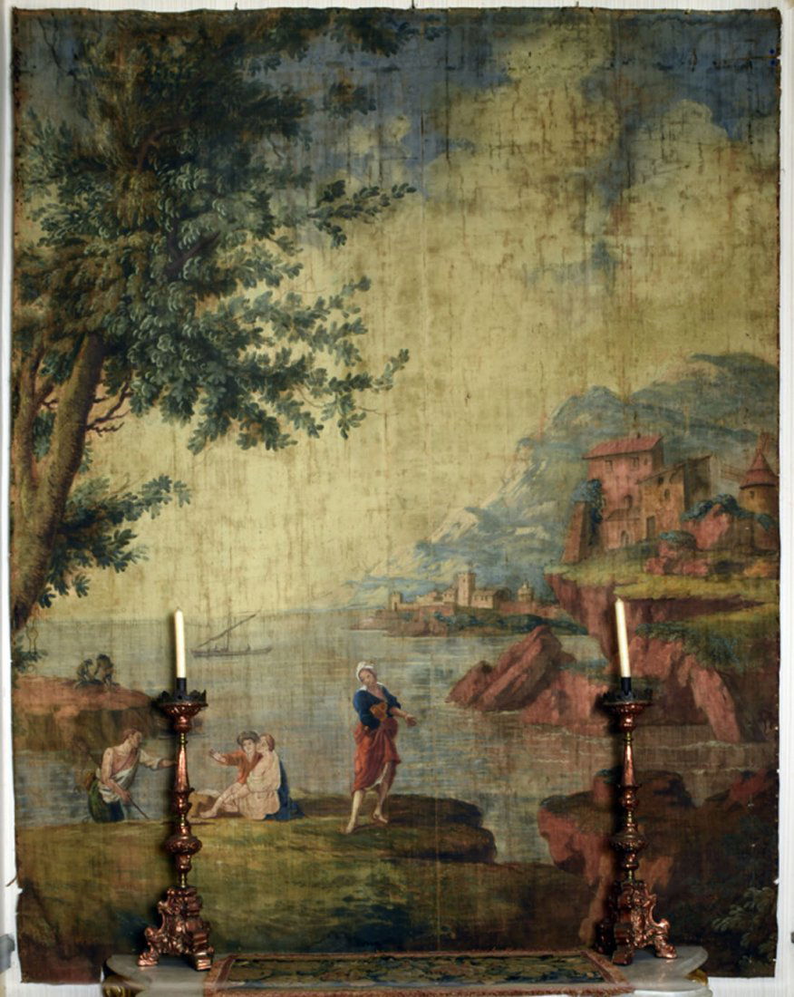 Tapis - Tapisseries - Tentures: Dans le got de Joseph VERNET Toile peinte dcor de villageois au bord de mer. Epoque XIXe sicle (usures). 215 x 175 cm
