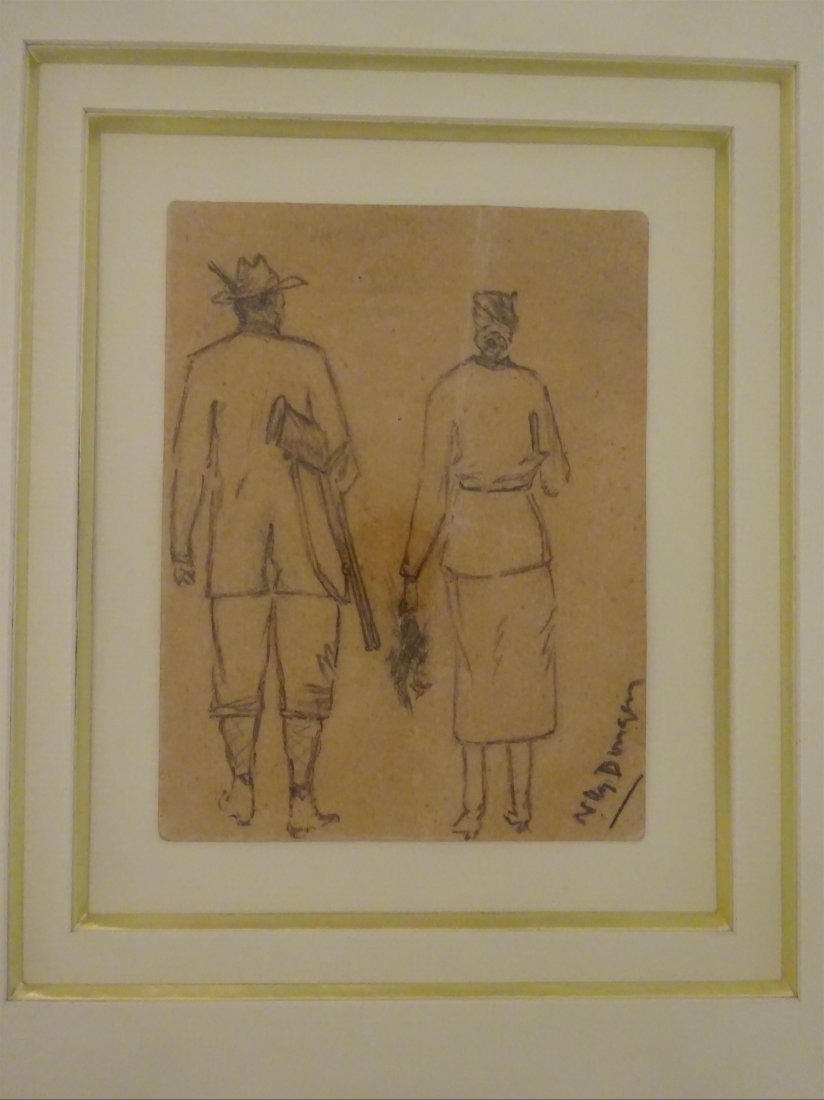 Kees VAN DONGEN (1877-1968): Kees VAN DONGEN (1877-1968)Chasseur et femme (F. André et Miss Russie, Olga, à Neufchelles dans l'Oise, 1936)Mine de plomb sur carton d'invitationSignée en bas à droiteDatée et titrée au dos14 x