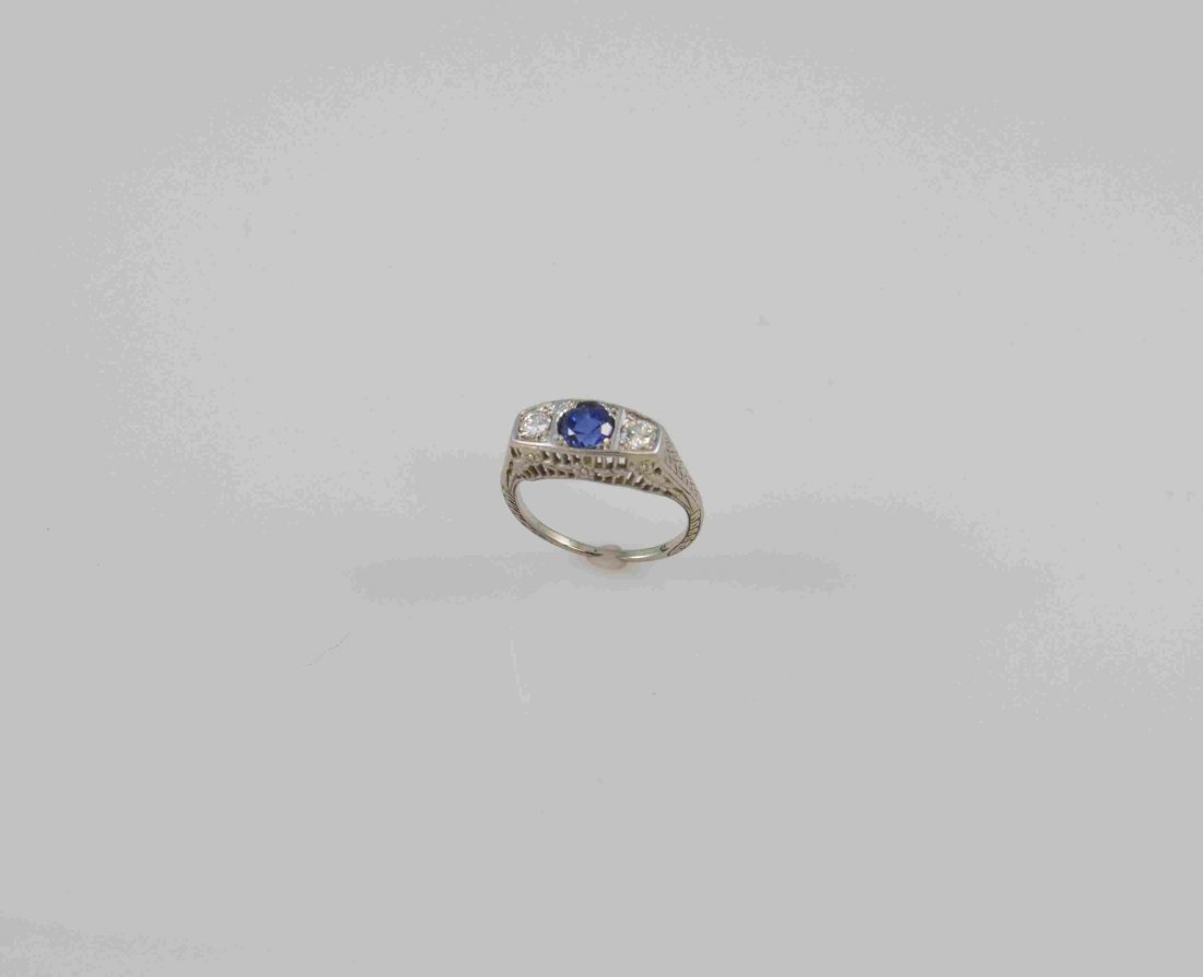 Antique 18K Engraved Filigree Diamond Three Stone Ring (1 of 4)