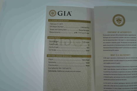 Gia Certified 1.23 ct G VS1 Round Brilliant Diamond: Gia Certified 1.23 ct G VS1 Round Brilliant Diamond No Reserve