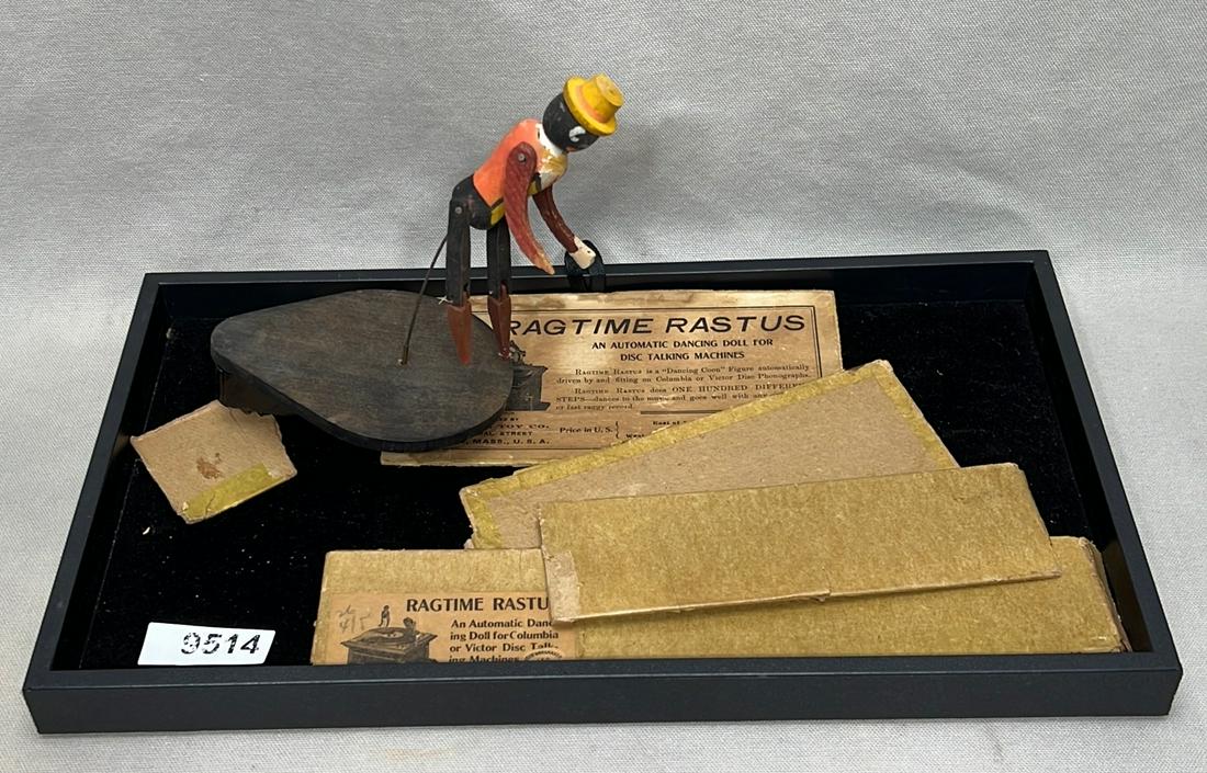 Ragtime Rasmus Jim Crow-era phonograph dancer toy with box: early 20th century