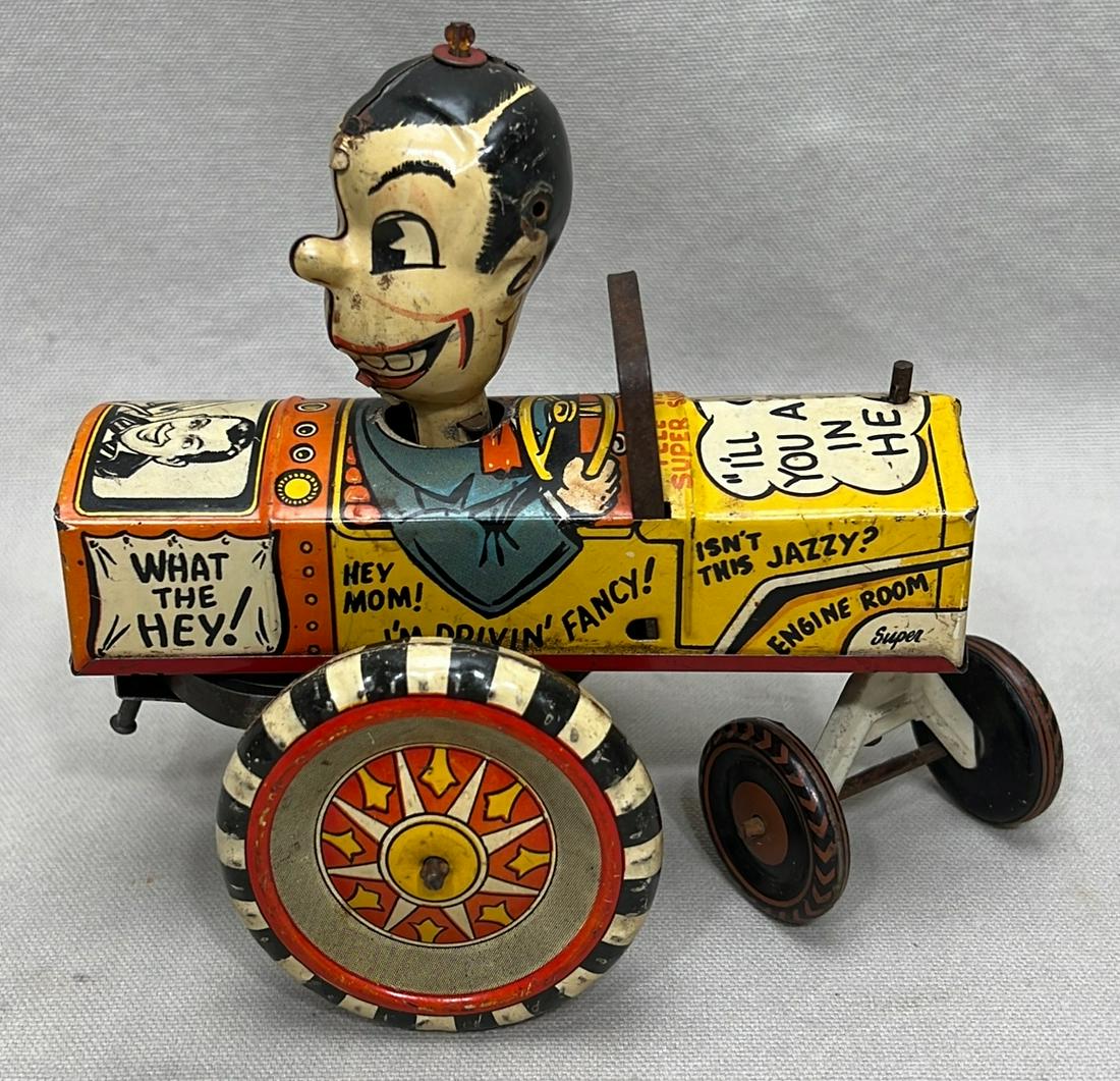 Louis Marx Milton Berle tin wind-up car toy: mid 20th century, missing hat