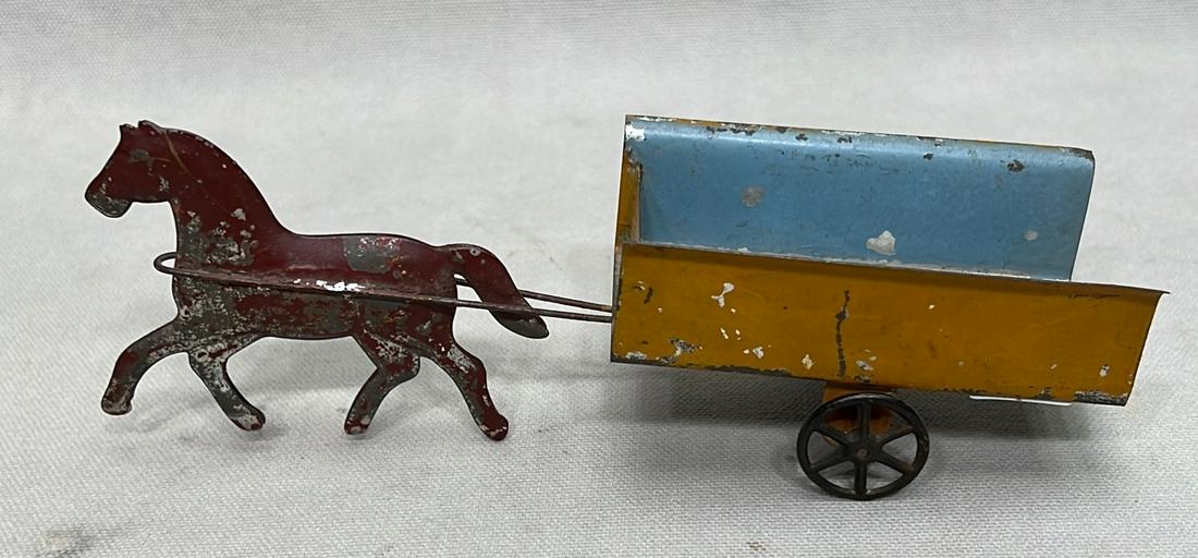 American pressed tin horse and cart toy: late 19th to early 20th century, appx. 7" long