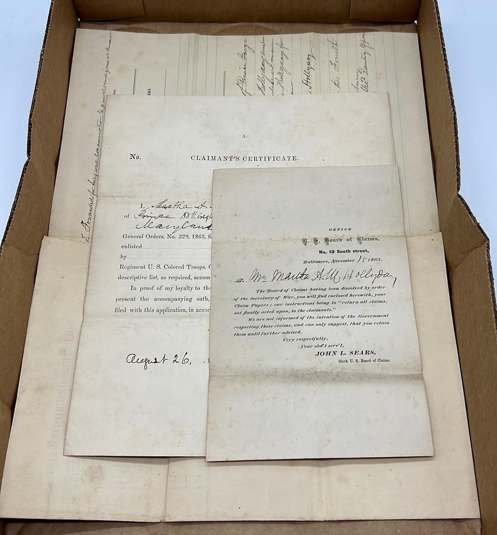 1865 30th US Colored Troop Muster & Compensation: 1865 document signed by Martha Hollyday of Prince George County Maryland relating to the receiving compensation from the government for the services provided by her slave Robert Smith who enlisted in