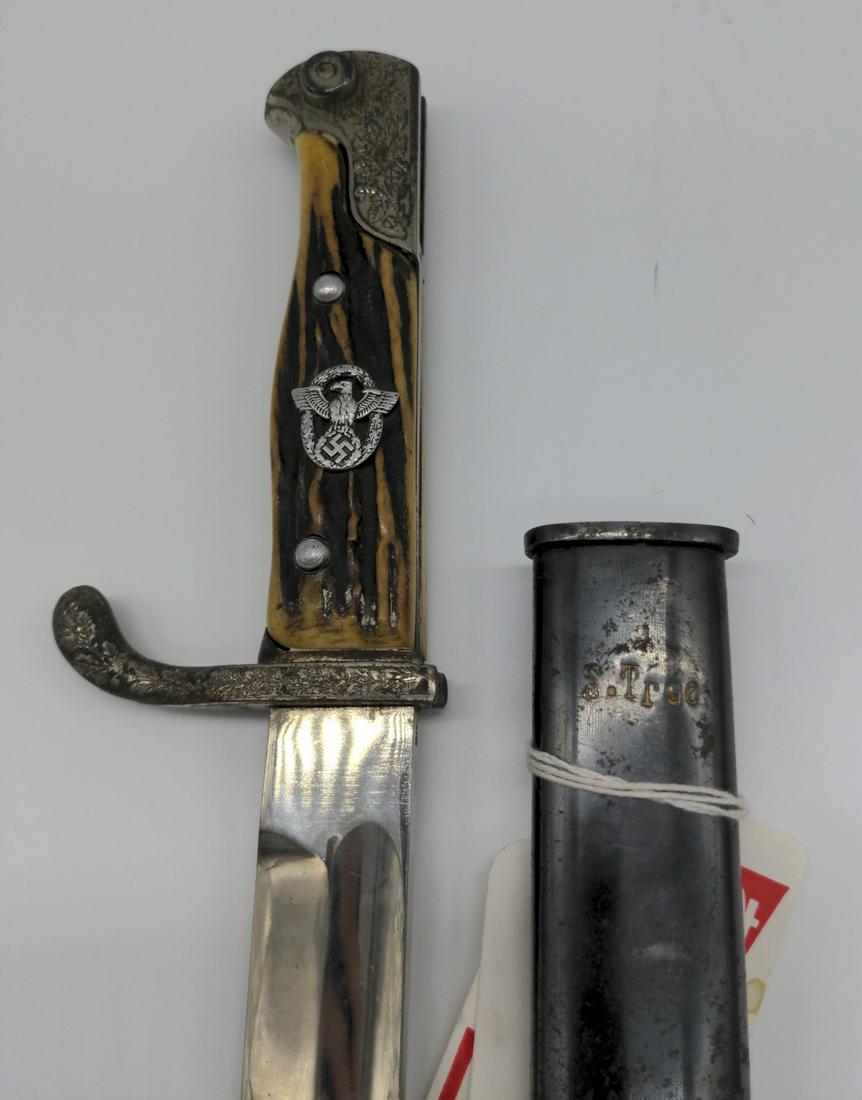 German Fichtel & Sachs Schweinfurt Mauser Bayonet: Rare bayonet of maker Fichtel & Sachs to Schweinfurt, Bayern, Mauser Gewehr 1898 for the model 98. Reportedly used for SS Nazi Special Police with symbol added to horn grips. Overall displays very wel