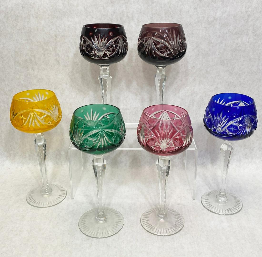 6 Multi Colored Cut Glass Bohemian Wine Goblets: 8" tall. Condition: Good, no noticeable damage.