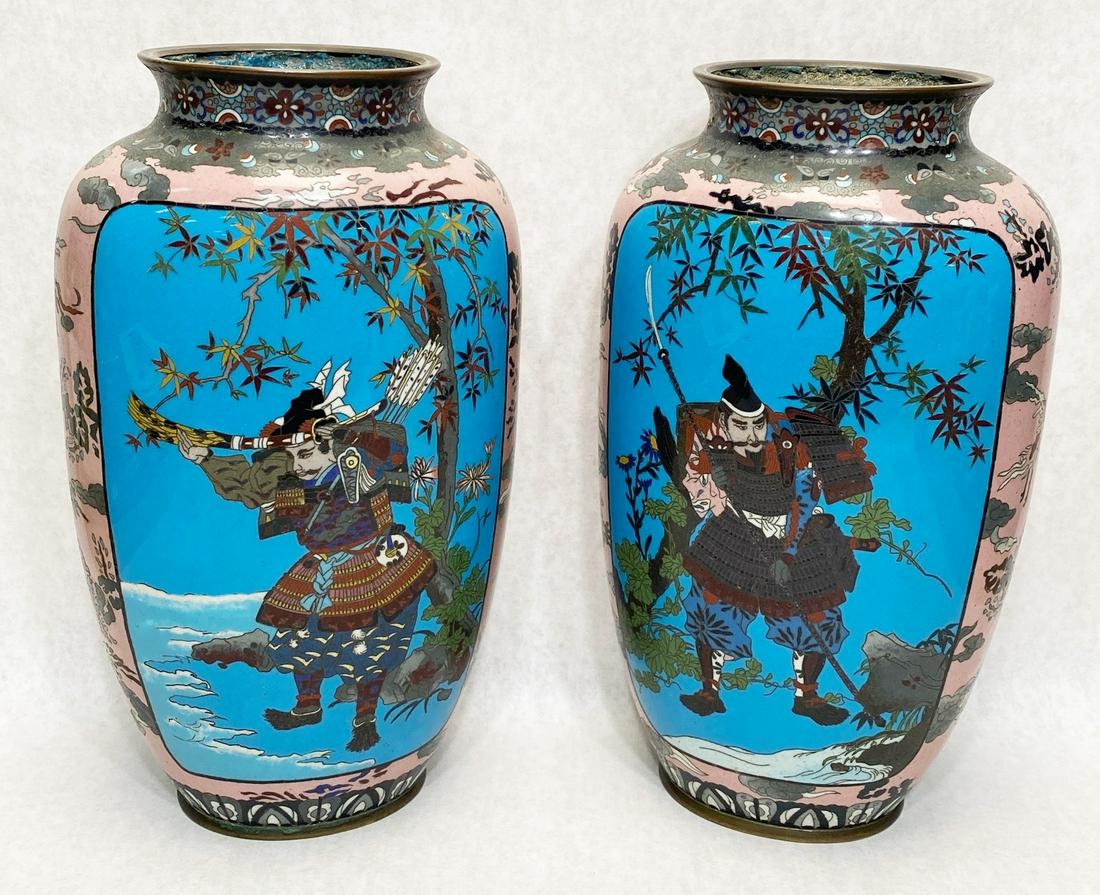 Pair of Japanese Meiji Period Cloisonne Samurai Vases (1 of 15)