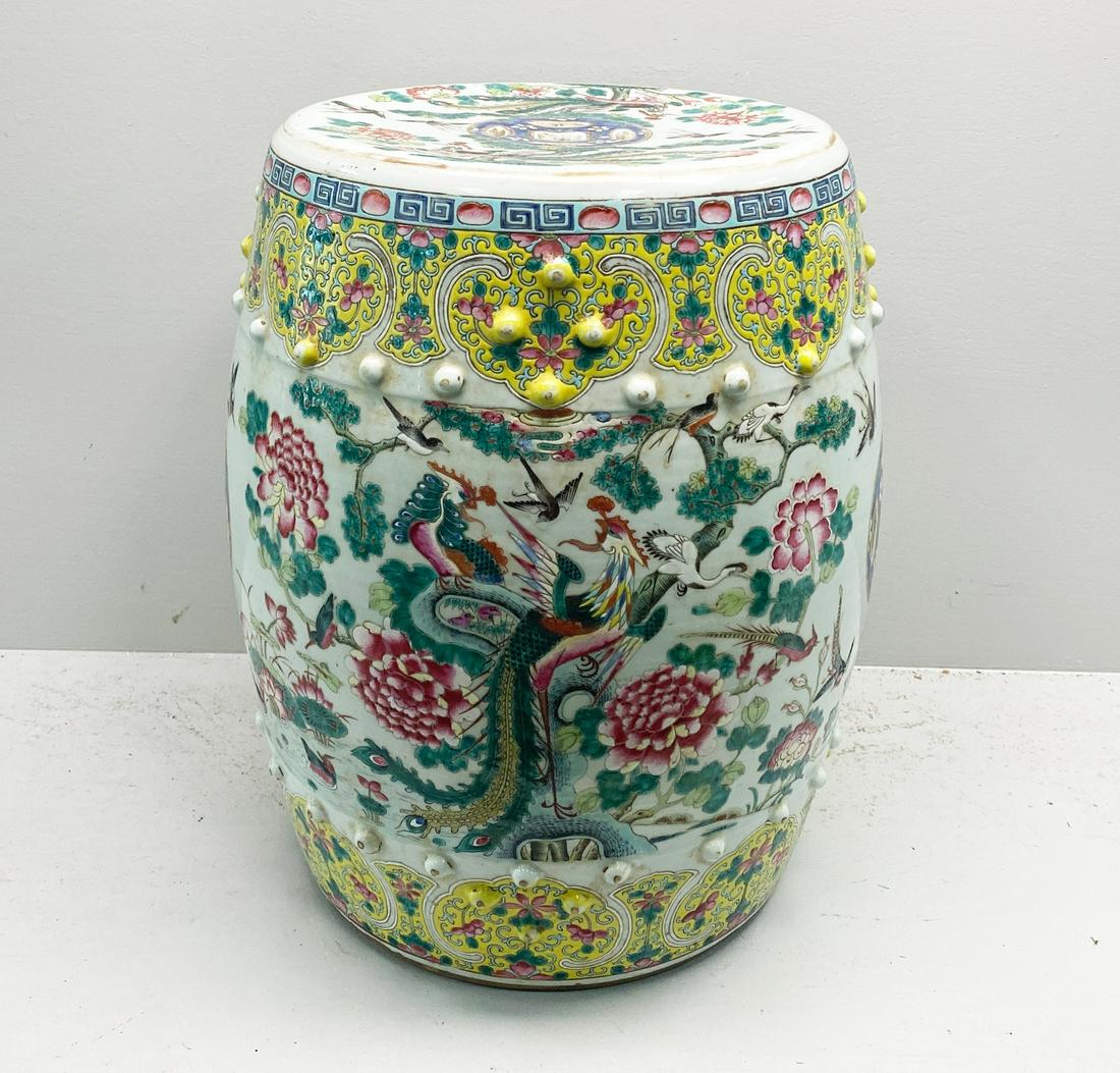 Chinese Export Famille Rose Garden Seat: 19th c. or earlier, 18" tall, 14" at widest. Condition: Wear consistent with age, some chips on the nodules.
