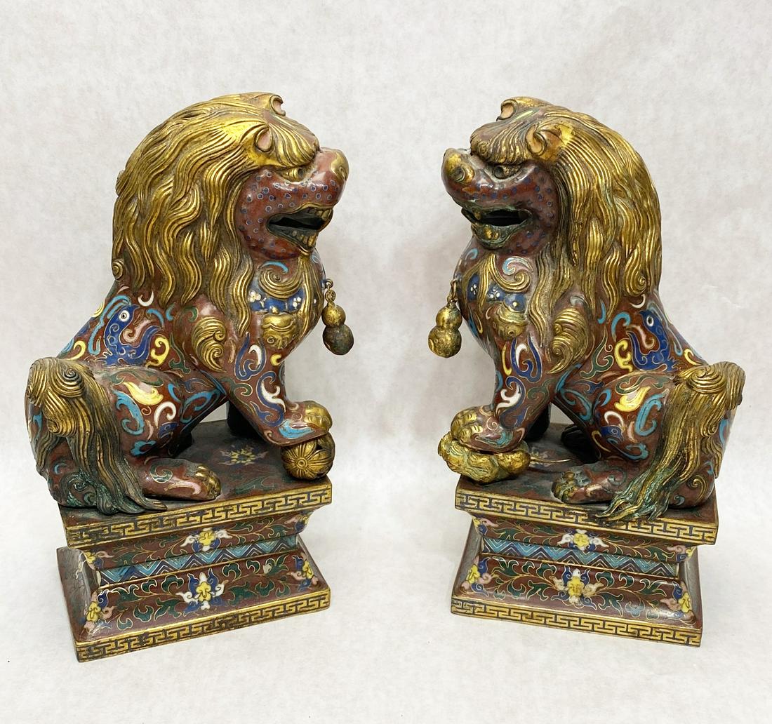 Pair Chinese Cloisonne Foo Lion Figures (1 of 9)