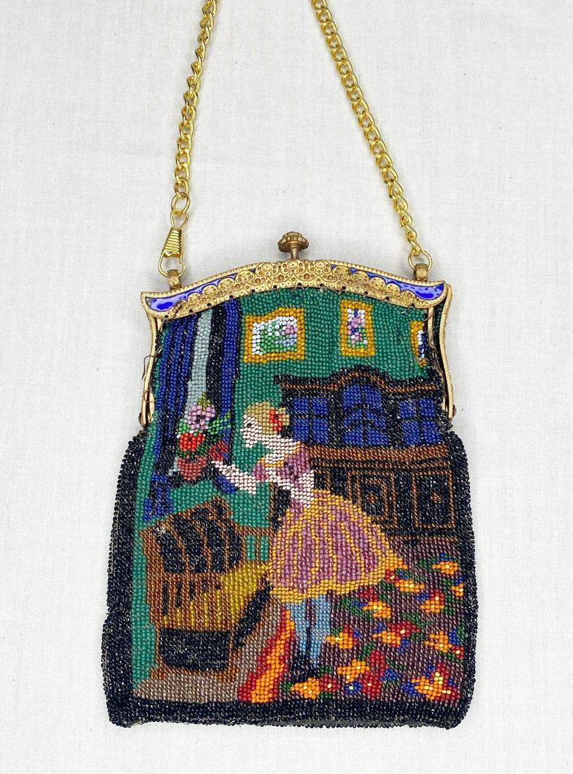 Micro Beaded Hand bag with Parlor Scene and Enameled Frame (1 of 13)