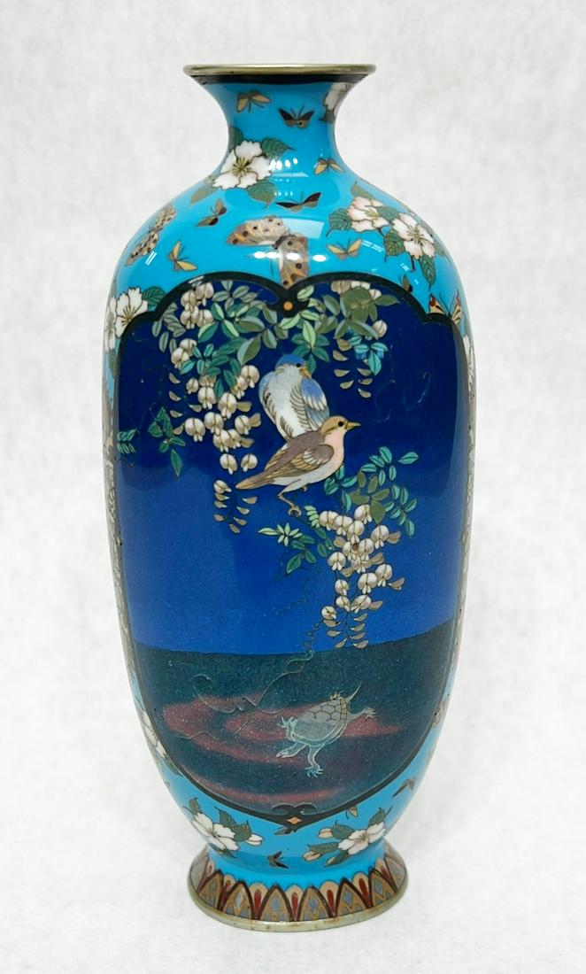 Japanese Meiji Period Cloisonne Vase with Owl, Birds, Turtle: 7" tall, 3" at widest.