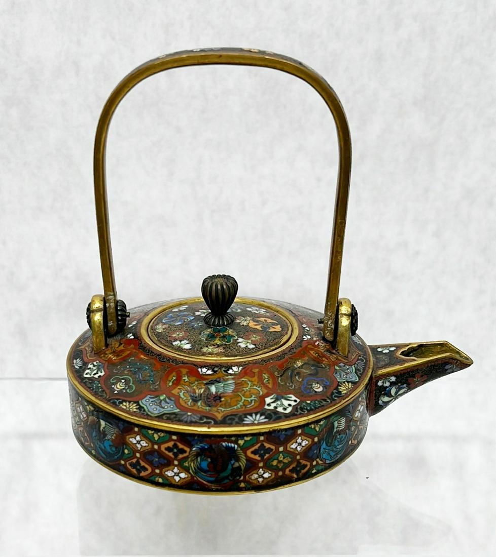 Japanese Meiji Period Cloisonne Phoenix Teapot: 5" tall including bail, 5" rear to spout.