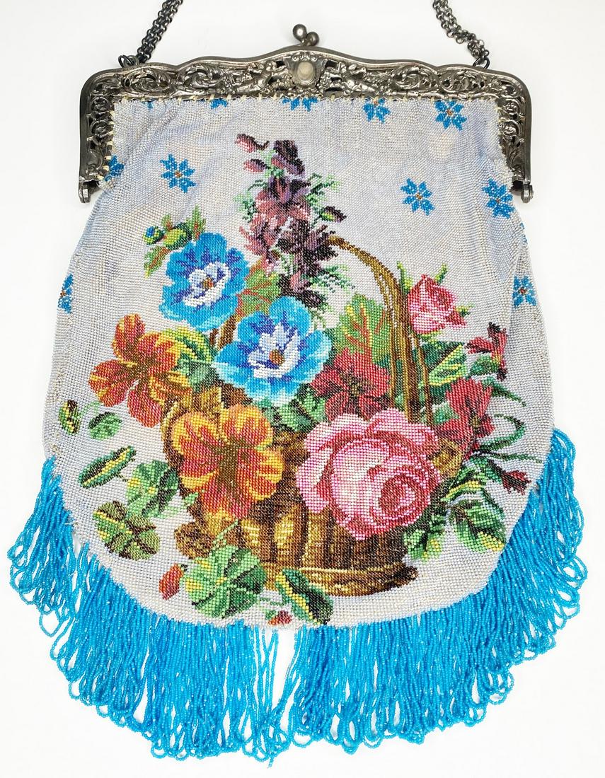 Large Micro Beaded Basket of Flowers Purse with 800 Silver Cherub Frame (1 of 14)