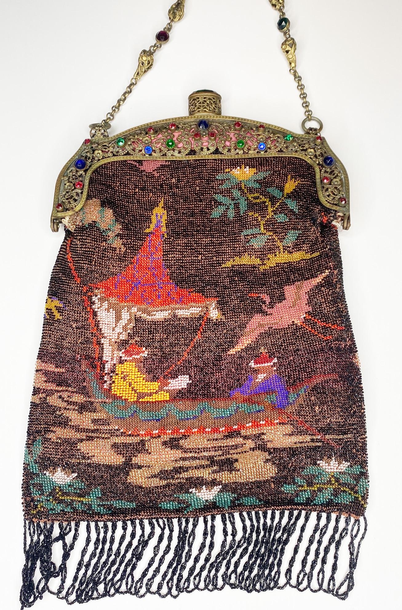 Micro Beaded Purse with Asian Boating Scene and Jeweled Frame (1 of 13)