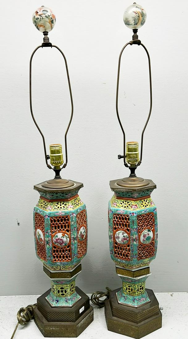 Pair of Chinese Export Reticulated Lanterns Mounted as Table Lamps (1 of 14)
